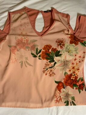Annie Peach Floral Cold-Shoulder Blouse